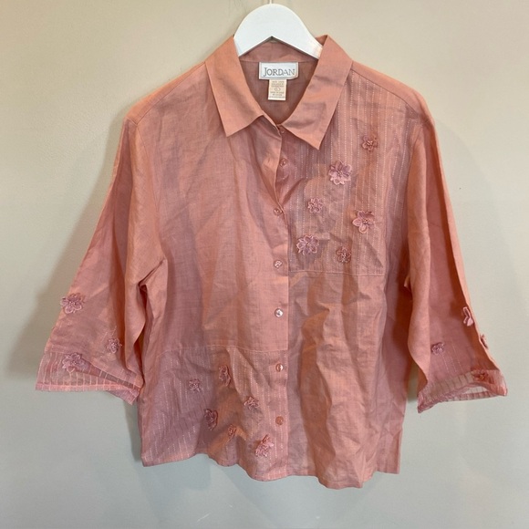Jordan 100% Linen Pink Top Button Down Floral 3/4 Sleeve Womens Large - Picture 1 of 5